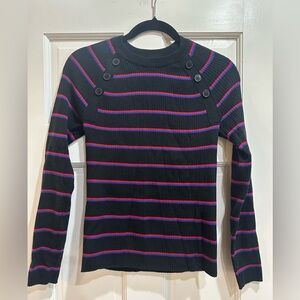Chaps Black Blue Striped Button Shoulder Cotton Crewneck Sweater Small